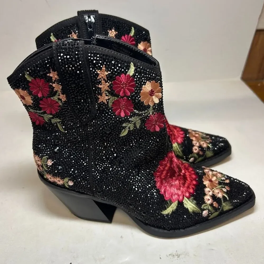 INC Womens 5.5 M Black Embellished Jersey Block Heel Cowboy Booties DISPLAY QX1